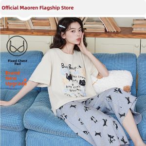 MiiOW | Cotton Short Sleeve Seven-Eighths Pants Padded Sleepwear Set Wearable Outside