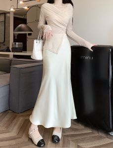 Acetate Satin Fish Tail Skirt Womens Long High Waist A-Line Bodycon Skirt Commute Style Korean Version Zipper Design