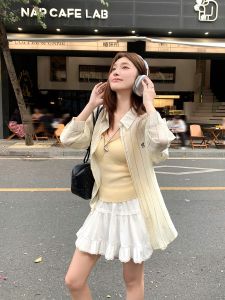 Áo Khoác Cardigan Dài Tay Màu Vàng Kẻ Sọc Chống Nắng Cho Nữ Mùa Hè Mỏng Rộng Rãi Áo Sơ Mi Dáng Rộng Áo Khoác Ngoài