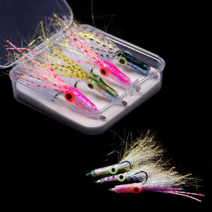 4PCS/Box #4 Small Squid Fly 3D Luminous Eyes Flash Body Artificial Trout Bass Saltwater Fishing Lures Baits Olive Black Rose