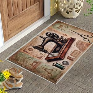 VIKAMA Retro Sewing Machine Pattern Door Mat Soft and Lightweight Machine Washable Carpet Anti Fading Home Decoration
