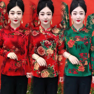 เสื้อยืดแขนยาวพิมพ์ลายสำหรับคุณแม่ ฤดูใบไม้ผลิและฤดูใบไม้ร่วง เสื้อเชิ้ตคอตตอนสไตล์ชาติพันธุ์สำหรับผู้หญิง ทรงเข้ารูป แขนยาว ปกติ