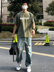 American High Street Ins Style Trendy Stylish Letters Pure Cotton Short Sleeve T-shirt Mens Summer Heavy Weight round Neck Half Sleeve Tops