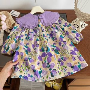 Autumn Girls Fashion Long Sleeve Turn-down Collar Sweet Floral Print A-Line Dress 1 Pc 3-7 Years Kids Loose Casual Clothes