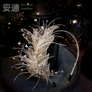 Luxury European Style Embroidered Feather Bridal Hair Accessories with Water Diamonds for Wedding Photoshoots and Fashion Shoots