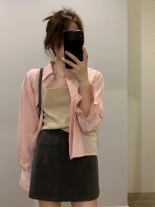 Pink Short Shirt Womens Spring Small All-Matching Loose Casual Long Sleeve Top Shirt Cardigan Outerwear Coat