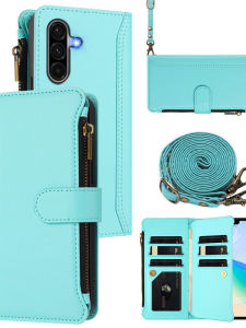 Leather Protective Case for Samsung Galaxy A56 Zipper Coin Card Holder Crossbody Strap Womens Style Flip Cover Full Protection