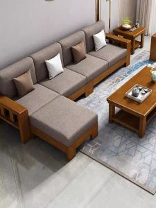 Modern Simple Chinese Full Solid Wood Sofa Combination Living Room Rubber Wood Cloth Art Three-Seater Small Apartment Original Wood Furniture