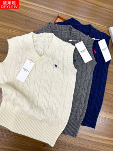 Deyleiv American Style Horse Head Embroidery Twist Knitted V Neck Vest Women Autumn Winter New Style Sweater Vest Slim Fit Wool Blend