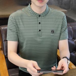 HENGYUANXIANG | Hengyuanxiang Mens Stripe Short Sleeve T-Shirt Casual Summer Fashion Stand Collar Half Sleeve Body Fit Top Quality Nylon Spandex