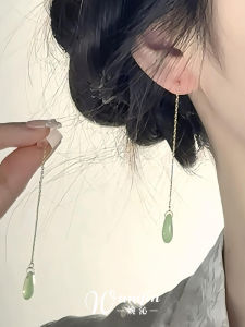 Elegant Long Green Waterdrop Tassel Ear Cuffs Vintage Chinese Style Fashionable Dangle Earrings Womens Jewelry Accessories