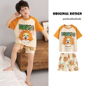 MiiOW | ชุดนอนผ้าฝ้ายบางสำหรับเด็กชาย ฤดูร้อน 2025 ชุดนอนผ้าฝ้ายแท้ เสื้อผ้าใส่อยู่บ้าน แขนสั้น คอกลม ระบายอากาศได้ดี สวมใส่สบาย