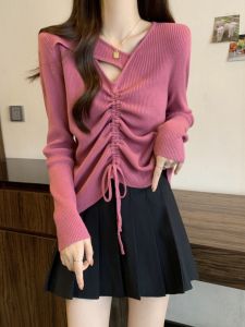 plus Size V-Neck Asymmetrical Long Sleeve Knitwear Womens Autumn Winter Slimming Waist Drawstring Top Base Shirt Upper Body