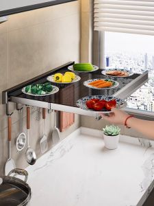 Foldable Kitchen Wall Mounted Invisible Storage Rack Modern Simple Aluminum Space Saver Prep Shelf Multi-Functional Holder