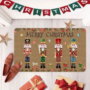 VIKAMA Nutcracker Christmas Floor Mat Easy To Clean Soldier Gift Print Non Slip Absorbent Doormat For Hallway Porch Xmas Decor