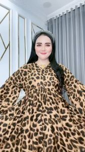 Dress Wanita INARA RESLETING Macan Bahan Katun Rayon Ld 110-120 Pb 138 Busui Frendly Tali Pinggang Lengan Balon
