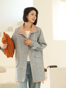 WUSEWUWEI | Colorless Odorless New Sky Mirror Style Long Casual Linen Cotton Collar Womens Top Zipper Sleeve Regular Thickness Winter