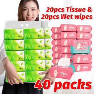 (20/40)PCS Tissue And Baby Wipe Combo Unscented Baby Wipes 10 Packs 80 Sheets Tissue Wipes For Baby Combo 40 Packs Wipes (20 Packs) And Tissue (20 Packs)