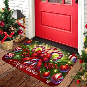 VIKAMA Christmas Joyous Doormat Designed With Candy Sticks And Bells - Anti-Slip Bathroom Absorbent Carpet Holiday Decoration