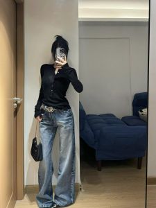 Quần Jeans Denim Ống Loe Cạp Lửng Dài 180 Cm Cổ Điển Cho Nữ Thu Đông Quần Dài Dài Đến Sàn Có Nút Cài Khóa Kéo