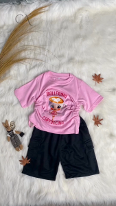 Setelan Kaos Serut Crop Top Kargo Pendek Anak Perempuan Kekinian Ballerina Cappucina Anomali | Set Tshirt Umur 1-14 tahun