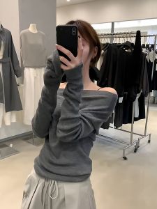 Early Autumn Korean Style Grey One Shoulder Long Sleeve Knitted Sweater Womens Atmosphere Clothing Inner Match Base Shirt Top
