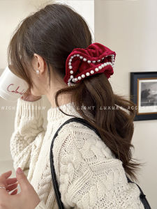 ริบบิ้นผมผ้ากำมะหยี่สไตล์วินเทจฝรั่งเศส ริบบิ้นผมมุกสำหรับผู้หญิง ยางยืดทรงกลม ทรงปากเป็ด ทรงกลม ยางยืดผม ริบบิ้นผม