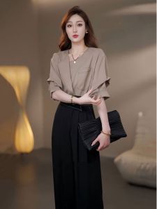 Summer Fashion Casual Loose Top And Wide Leg Pants Two Piece Set Magic Tape Slimming Effect Polyester Fiber Short Sleeve round Neck
