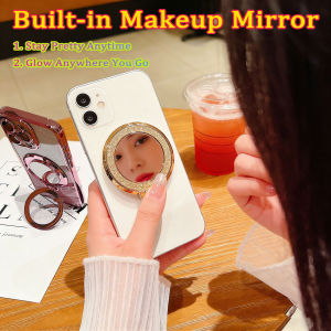 Magnetic Glitter Phone Ring Holder with Mirror 360° Rotatable Bling Stand Universal Finger Grip for iPhone 15 14 13 12
