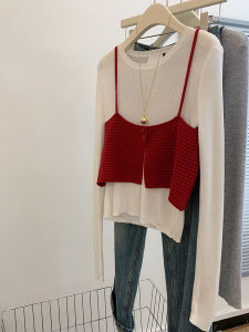 Womens Long Sleeve Thin Knitted Set with Layering Strap Design Korean Style Straight Cut Button Splice Online Exclusive
