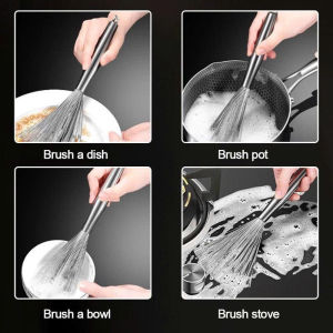 Stainless Steel Dish Scrubber with Handle Kitchen Cleaning Brush for Pots Pans Wok & Sink
