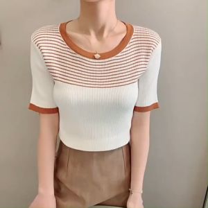 knitted short sleeve blouse top stripe round neck women