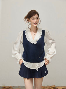 THROUS |Áo sơ mi dài tay cổ chữ V xếp ly Có Viền Ren