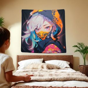 VIKAMA Cyberpunk Anime Tấm Thảm Màu Tím Neon Cô Gái Tóc Tím Với Thuốc Lá Thiết Kế Gió Mát Tương Lai Trang Trí Tường Cho Phòng Khách Phòng Ngủ Phòng Game