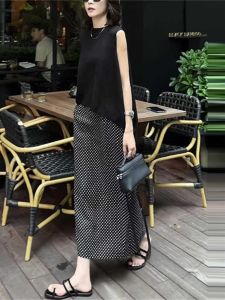 Summer Fashion Ice Silk Thin Sleeveless Womens High Waist Printed Split Half Skirt Set Simple Design Casual Wear Polyester Fiber