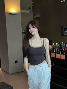 Womens clothing contrast color stitching fake two-piece double shoulder strap halter neck camisole female beauty suspenders chest pad