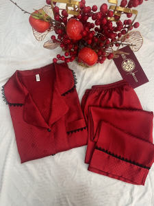 Red Couples Sleepwear Ice Silk Spring Autumn Long Sleeve Home Clothes Set Luxury V-neck Simulation Silk Home Leisure Suit