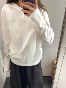 Pure Cotton Long Sleeve T-Shirt Simple Shoulder round Neck Womens Style Commute Korean Loose Fit Autumn Base Shirt College Style Casual Top