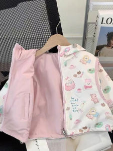 Baby Bear Print Zipper Open Cardigan Jacket Two-Sided Wearable Sweet Cute Little Bear Early Spring Outerwear Childrens Clothes