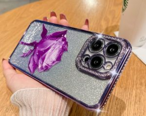 FLOVEME Gradient Diamond Rhinestone Glitter Transparent Phone Case For iPhone 14 13 12 11 Pro Max 14 Plus Plating Rose Flower Painted Full Protection Clear Soft TPU Shockproof Back Cover For iphone 14 13 12 11