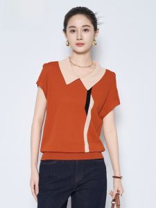 MY TENO | Áo len dệt kim cổ bẻ tay ngắn thời trang mùa xuân hè mới của Mát Tần Nữ Áo sơ mi nữ đa năng màu khối cho phụ nữ trung niên