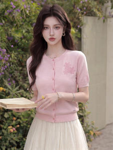 PEIXI | Floral Embroidery Pink Short Sleeve T-Shirt Knit Cardigan