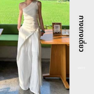 YUEZHONGWEI | เสื้อกั๊กถักสีขาวแฟชั่นเพื่อหุ่นผอมพร้อมช่องตัดที่ไหล่