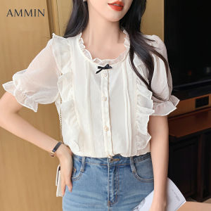 ผ้าชีฟองคอปกหูช่วยเสื้อเชิ้ตผู้หญิง รูปแบบสำหรับระบายสำหรับผู้หญิง 2023 สไตล์เกาหลี - AMMIN