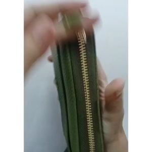 Zerinne Elegant Olive Green Leather Clutch with Gold Zipper and Wristlet Strap