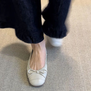 Leather Version French Butterfly Knot Ballet Flats Womens round Toe Low Cut Flat Bottom Single Shoes Genuine Leather Grandmother Shoes
