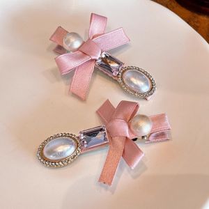 Korean Style Hair Clips Sweet Pink Pearl Butterfly Knot Side Hair Cards Bangs Clips One Word Clips Fairy Tale Girl Hair Accessories