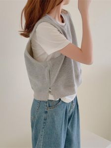 Black Hoodie Vest Womens Spring & Fall 2023 New Arrival Casual Waistcoat Bandage Dress Short Loose Outer Wear Waistcoat Vest Fashion