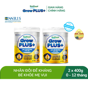 Bộ 2 Sữa Bột Nutifood GrowPLUS+ Sữa Non - Hỗ Trợ Tăng Cường Đề Kháng 0-12 Tháng Tuổi - Tăng Cường Hệ Miễn Dịch Tiêu Hóa Tốt (2 Lon x Lon 400g)