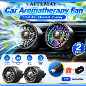 (Local Stock) Aitemay 2pcs F18 Mini Car Fan USB Air Vent Clip RGB Colorful Light 3 Speed Adjustable Cooling Auto Accessories Black